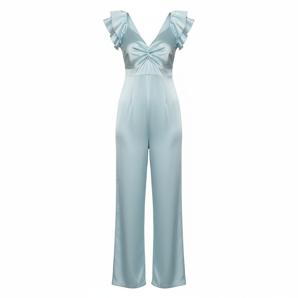 New Small Maternity Baby Blue Satin Silky Ruffle Jumpsuit Pregnancy Boy Gender